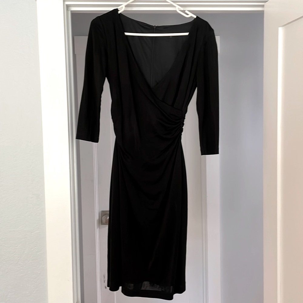 David Meister 3/4 sleeve black deep V dress, size 4